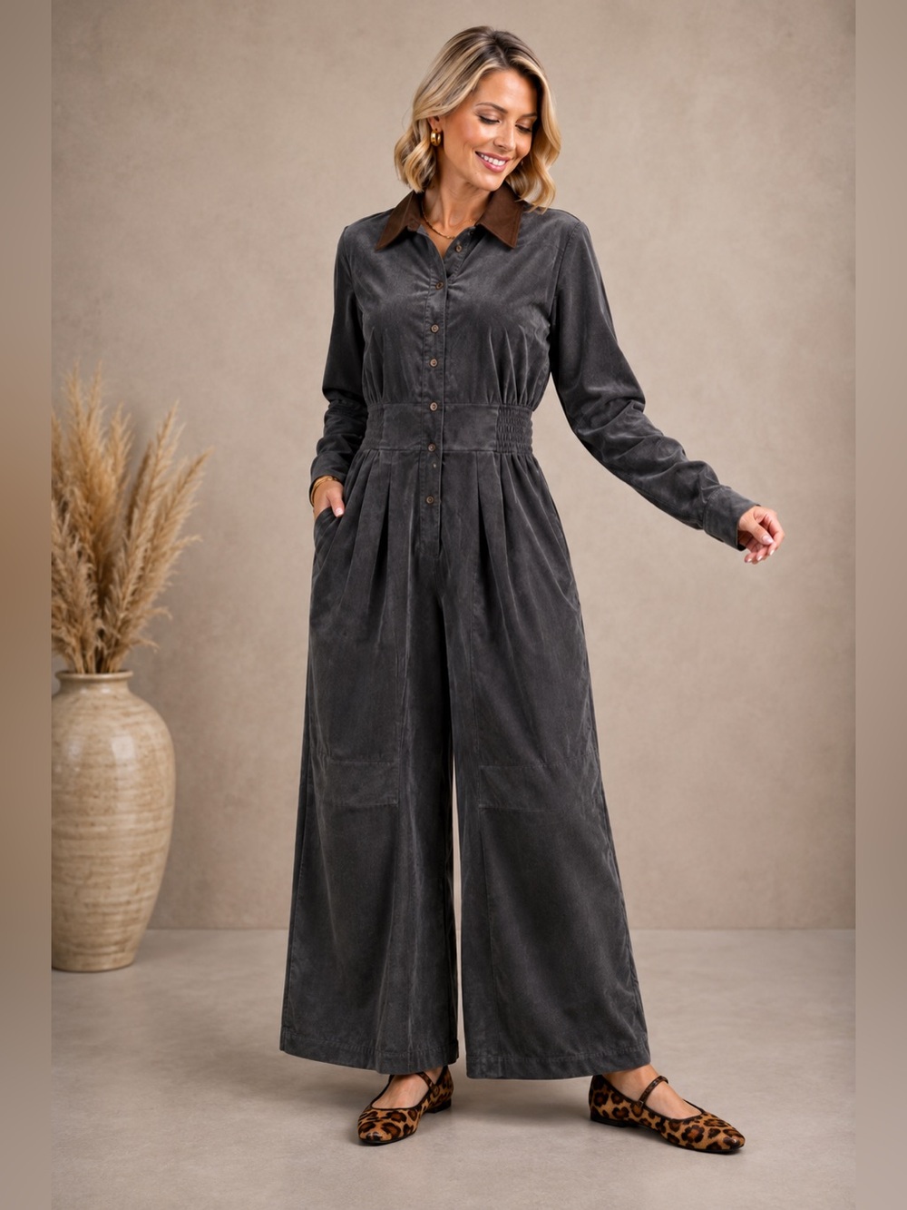 GIGIO Wide-Leg Utility Jumpsuit – Charcoal Gray & Brown